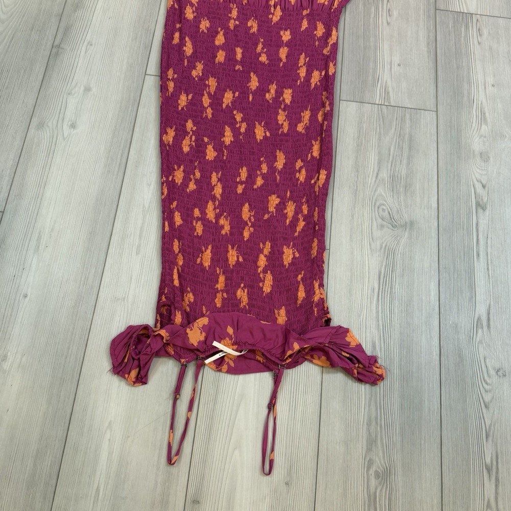 By Anthropologie XS Off-The-Shoulder Smocked Midi Dress Pink Orange Floral - Picture 11 of 13